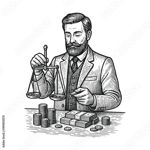Vintage banker weighing money engraving illustration