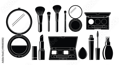 A collection of black makeup tools and cosmetics including brushes palettes and compacts in a striking silhouette high quality professional detailed