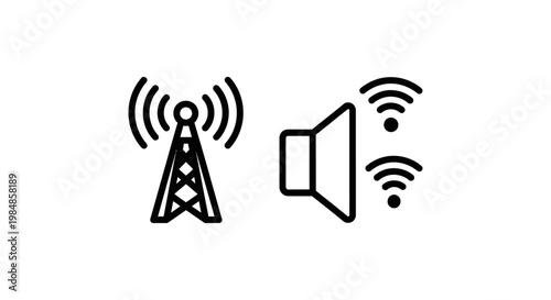 Radio tower and speaker with signal waves icons signal strength broadcast station sound system radio wave transmission broadcast communication wireless technology broadcasting frequency