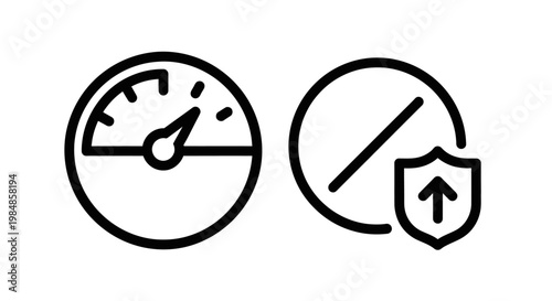 Speedometer and shield icon set for security with speed limit speedometer security protection performance velocity dashboard indicator safeguard fortification assurance reliability