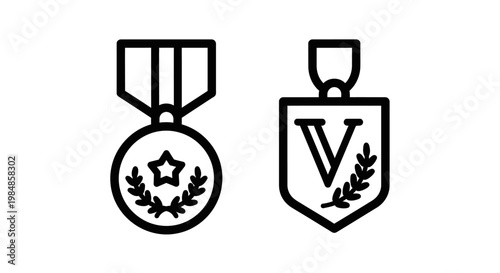 Medal and shield award icons with achievement recognition competition champion performance accomplishment isolated background insignia
