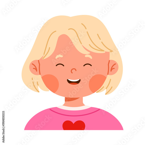 Laughing cute blonde girl character with joyful facial expression. Facial expression. Happy child avatar with positive emotion. Kid apps and emotion education concept. Isolated vector illustration