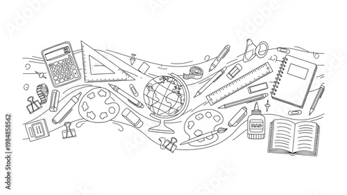 School Supplies Arrangement: A collection of educational essentials and art supplies, meticulously arranged, representing the tools of learning and creative expression. 
