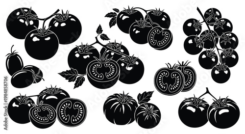 A collection of black tomato illustrations with varying arrangements and cutaways presented in a bold silhouette high quality professional detailed modern