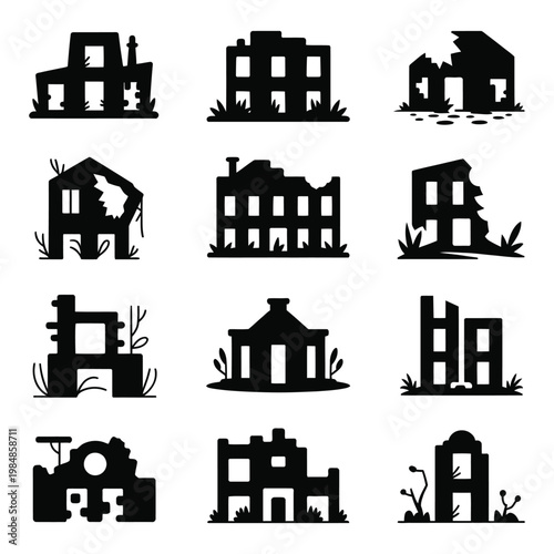 Collection of black silhouette icons depicting damaged buildings and houses