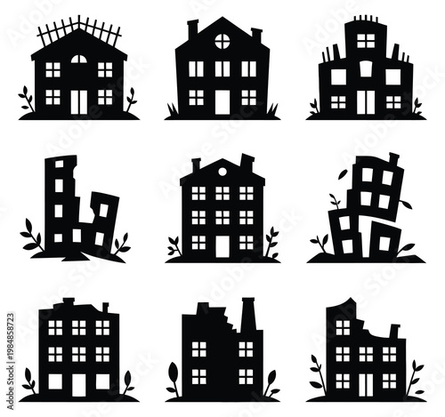 Collection of black silhouette illustrations of damaged and destroyed buildings on white background