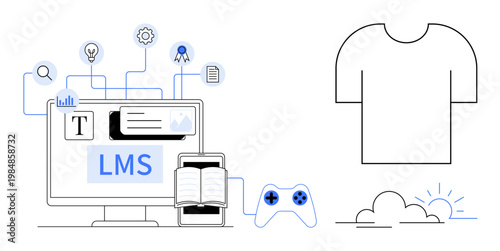 E-learning, education software, gamification, design tools, digital content, creativity. A computer with LMS interface, book game controller and a t-shirt with minimalist design. E-learning