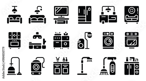 Black icons of various household appliances and furniture on a white background