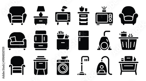 Collection of various home furniture and appliance icons in black silhouette