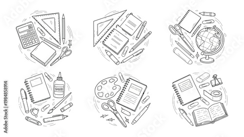 Stationery Essentials: Artistic sketch of various school supplies and office materials arranged in circular patterns, perfect for educational or creative projects.