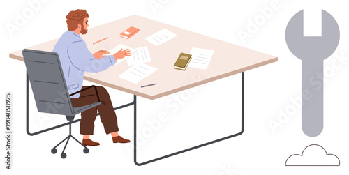 Productivity, office work, digital tools, cloud technology, task management, workplace efficiency. Man seated at a desk with papers. Productivity and office work visually