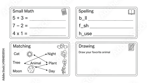 Educational Flash Cards for Early Learning: Explore the fundamental concepts of small math, spelling, matching, and drawing, through this collection of informative educational flash cards.