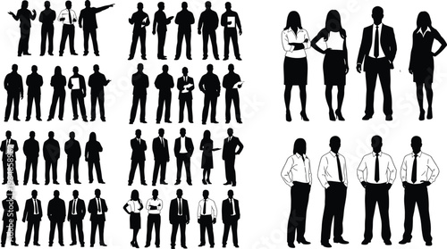 Business people silhouettes mega set, corporate professionals men women office workers various poses standing isolated black vector illustration bundle