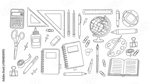 School and Art Supplies: A detailed outline of school and art supplies, including a globe, scissors, and pencils, are arranged artfully against a neutral backdrop, ready for use or display.