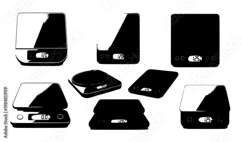 Digital kitchen scale set vector electronic weighing device illustration
