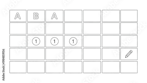 Conceptual Grid with Symbols: A minimalistic conceptual grid design features alternating letters, numbers and a pencil symbol, perfect for illustrating concepts of pattern recognition and analysis.