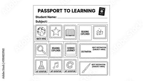 Passport to Learning: A visual representation of a Passport to Learning, designed to encourage exploration and engagement in various subjects like math, reading, and science.