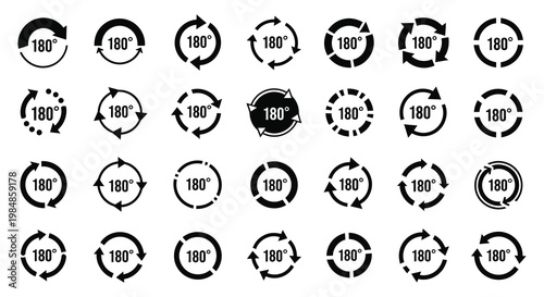 Numerous black circular icons depicting 180 degree rotation arrows are arranged on a white background a striking silhouette high quality professional detailed