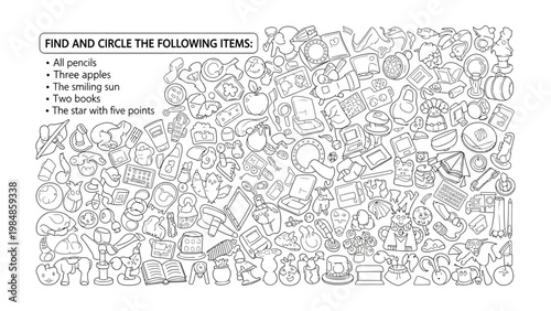 Find and Circle: An engaging find and circle puzzle challenges observers to locate hidden objects within a densely illustrated landscape of everyday items. 
