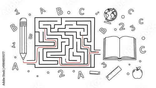 Navigating the Path to Knowledge: A maze is illustrated alongside a pencil, a book, a globe, letters and numbers. It represents the journey of learning and discovery.