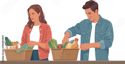 Young couple packing fresh organic vegetables into wicker baskets together on white background in flat style