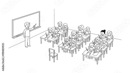 Classroom Interaction: A sketch of an educator guiding a class of students through their lesson, the atmosphere alive with shared learning and growth.