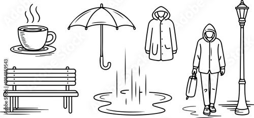 Winter weather vector elements collection with steaming mug wooden bench and figure walking in rainy season.