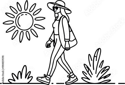 Woman in stylish outfit walks outside on a sunny day with sun and plants in line art illustration.