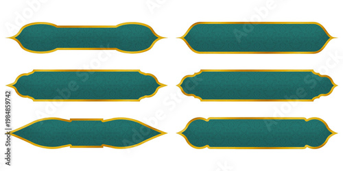 Set Luxury Golden green arabic islamic banner frames text box, title frame template. Infographic design element. Islamic window, arche. Set  green web button on white background. Luxury islamic label
