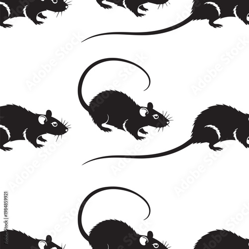Intricate black and white repeating pattern of stylized rodents in motion