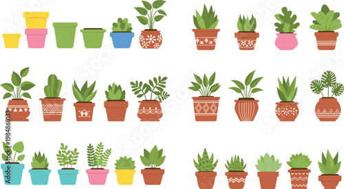 Large set of houseplant vector illustrations featuring succulents cacti and tropical greenery in colorful decorative pots isolated on white background.