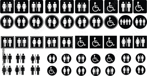 Large collection of public restroom sign icons featuring male female and handicap symbols for navigation wayfinding and building facility management.