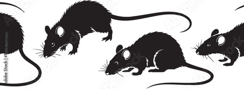 Four black rodents scurrying in a row across a plain background