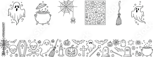 Large collection of Halloween spooky vector illustrations featuring ghosts pumpkins skulls and witch elements in a hand drawn outline style.