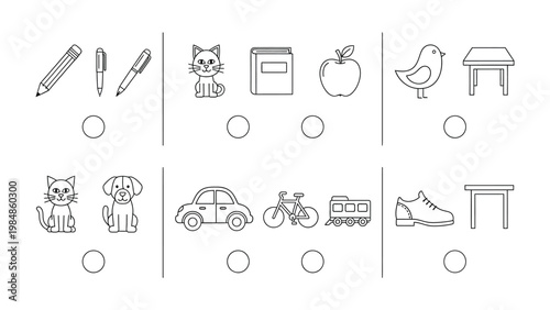 Line Drawing: A simple worksheet with the task to select the odd one out, featuring a variety of objects.