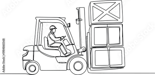 Forklift operator lifting wooden crates in a warehouse minimalist line art.