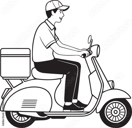 Delivery person riding a classic scooter on a city street