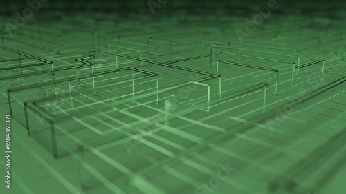 Abstract Green Geometric Network Grid Structure with Depth and Focus