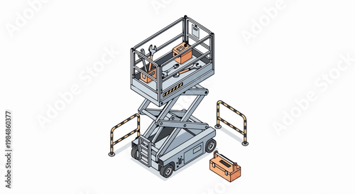 Isometric Industrial Scissor Lift Platform with Toolbox and Safety Barriers for Construction and Maintenance Work Illustration