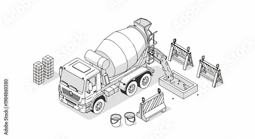 Isometric Line Art Illustration of a Concrete Mixer Truck Pouring Cement at a Construction Site with Traffic Barriers and Building Materials