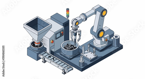 Isometric Illustration of an Automated Industrial Robotic Arm and Assembly Line Machine for Manufacturing and Smart Factory Production