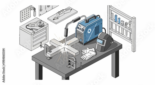 Isometric Illustration of a Professional Welding Workshop with Metal Fabrication Tools and Equipment