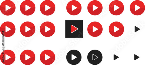 Comprehensive collection of red and black circular video play button icons for social media streaming and multimedia interface graphic design.