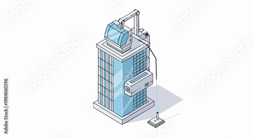 Isometric 3D Illustration of a Futuristic Smart City Research Center Skyscraper with Advanced Laboratory Equipment and Robotic Technology on White Background