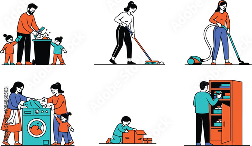 Illustration of Family Members Doing Household Chores Including Cleaning, Laundry, and Organizing for Domestic, Family, and Lifestyle Designs