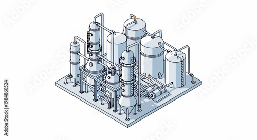 Isometric Illustration of a Chemical Plant Refinery with Industrial Storage Tanks and Distillation Columns, Technical Line Art for Manufacturing and Engineering