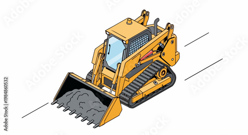 Isometric Yellow Skid Steer Loader Vector Illustration with Dirt in Bucket Isolated on White Background for Construction and Engineering Design Projects