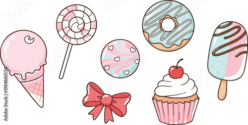 Kawaii sweet treats and dessert collection including ice cream cone donut cupcake lollipop and popsicle in pastel pink and mint vector.
