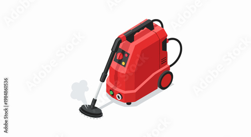 Red Professional Steam Cleaner Machine for Deep Cleaning and Sanitization, Isometric Illustration of Industrial Cleaning Equipment on White Background