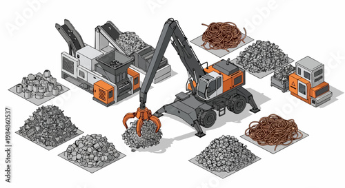Isometric Illustration of an Industrial Scrap Metal Recycling Facility featuring Heavy Machinery, Grapple Excavator, Shredder, and Sorted Metal Piles for Sustainable Management